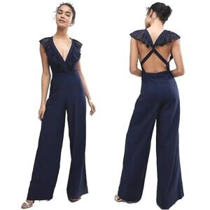 ASOS Twist Back Lace Ruffle Plunging V Neck Wide Leg Jumpsuit Blue 8 NWT